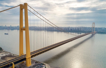 Aerial view of Yangsigang Yangtze River bridge in China's Wuhan