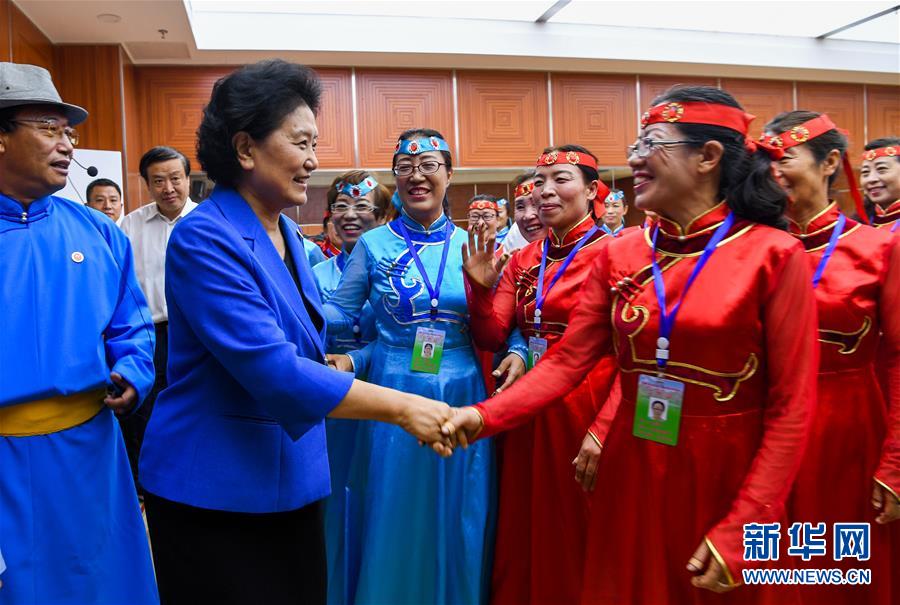 8月9日，中共中央政治局委員、國務(wù)院副總理、中央代表團(tuán)副團(tuán)長劉延?xùn)|率中央代表團(tuán)二分團(tuán)到赤峰看望慰問各族干部群眾。這是劉延?xùn)|在赤峰市群眾藝術(shù)館和群眾親切交談。新華社記者 連振 攝